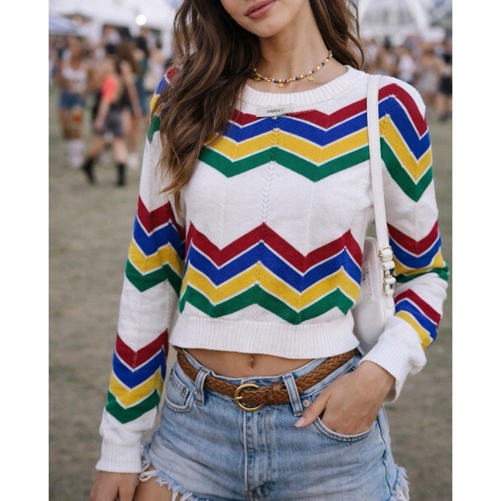 Forever 21 Rainbow Chevron Sweater Small White Colorful Knit Boho